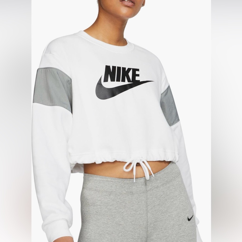 Nike White Cropped Drawstring Sweatshirt with Black Logo and Gray Panels